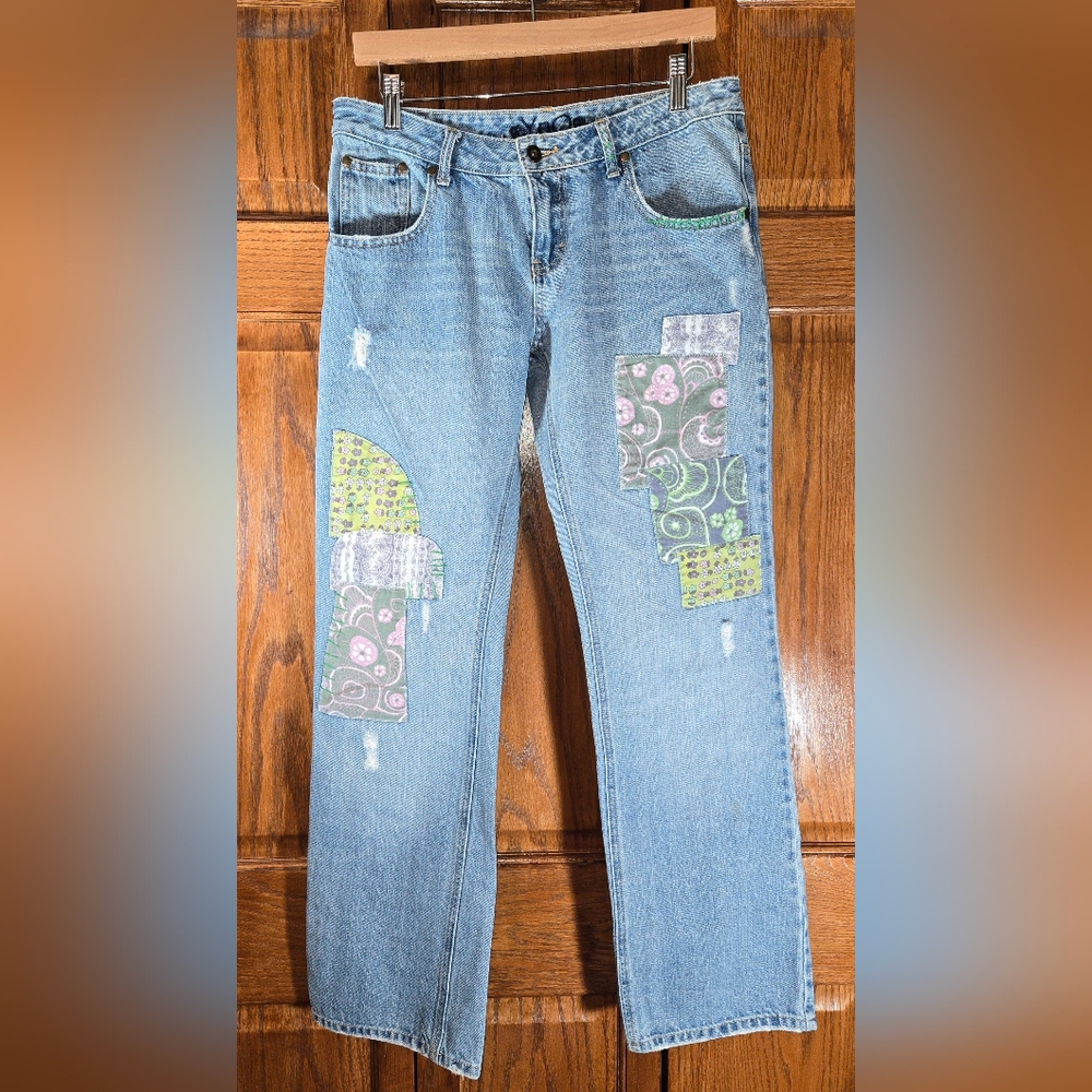YnQ Light Wash Distressed Denim Jeans Patchwork Regular Fit Embroidered …